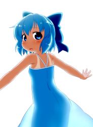  alternate_costume back blue_bow blue_dress blue_eyes blue_hair blush bow cirno commentary_request dress female hairbow kusaba_(kusabashiki) looking_back no_wings open_mouth outstretched_arms photoshop_(medium) see-through see-through_silhouette short_hair solo tan tanlines touhou 