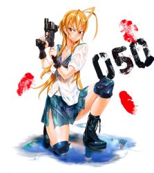  absurdres antenna_hair boots breasts brown_hair female fingerprint gun handgun highres highschool_of_the_dead knee_pads large_breasts miyamoto_rei photoshop_(medium) red_eyes satou_shouji school_uniform sig_p220/p226 sig_sauer skirt solo torn_clothes weapon wet 