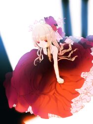  blonde_hair dress female flower from_above hair_flower hair_ornament highres long_hair okari original photoshop_(medium) ponytail red_eyes sidelocks sitting solo wariza 