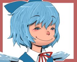  bad_id bad_pixiv_id blue_bow blue_dress blue_eyes blue_hair border bow cirno closed_mouth collared_shirt commentary_request doyagao dress female hair_between_eyes hairbow ice ice_wings looking_at_viewer neck_ribbon onikobe_rin outline portrait red_border red_ribbon ribbon shirt short_hair simple_background sleeveless sleeveless_dress smile smug solo touhou white_background white_outline white_shirt wings 