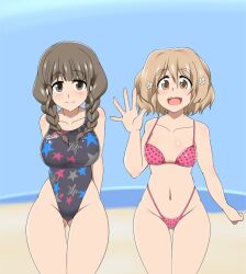  2girls bad_id bad_pixiv_id bikini braid breasts brown_eyes brown_hair commission commissioner_upload competition_swimsuit hair_over_shoulder hanasaku_iroha highleg highleg_bikini highleg_swimsuit kaz_(shade) large_breasts long_hair matsumae_ohana multiple_girls one-piece_swimsuit oshimizu_nako outdoors polka_dot polka_dot_bikini polka_dot_swimsuit short_hair star_(symbol) star_print swimsuit twin_braids twintails waving 