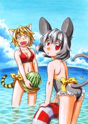  2girls afloat animal_ears animal_print back bikini bishamonten&#039;s_pagoda black_hair blonde_hair breasts cat_ears commentary_request day food from_behind fruit grey_hair kawachi_koorogi kemonomimi_mode marker_(medium) medium_breasts midriff mouse_ears mouse_tail multicolored_hair multiple_girls nazrin ocean open_mouth outdoors red_eyes swimsuit tail tail_raised tail_through_clothes tiger_ears tiger_print tiger_tail toramaru_shou touhou traditional_media two-tone_hair wading water watermelon yellow_eyes 