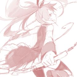  attack bad_drawr_id bad_id bad_link bare_shoulders detached_sleeves female food grin hanokage magical_girl mahou_shoujo_madoka_magica mahou_shoujo_madoka_magica_(anime) monochrome oekaki pocky polearm ponytail red_theme ribbon sakura_kyoko sakura_kyoko_(magical_girl) smile solo spear weapon 