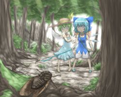  2girls :&lt; blue_dress blue_eyes blue_hair blush bow bug bug_hunting butterfly_net cicada cirno commentary_request container daiyousei death dress fairy_wings forest green_hair grey_eyes hair_bobbles hair_ornament hairbow hand_net hat hat_bow ice ice_wings lying multiple_girls nature nobamo_pieruda o_o on_back sandals short_hair side_ponytail straw_hat sweat tears touhou tree triangle_mouth wide-eyed wings 