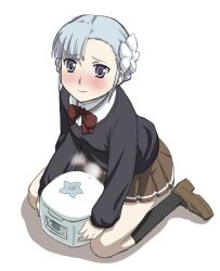  blue_hair blush commentary_request female fin_e_ld_si_laffinty flower hair_flower hair_ornament kneehighs kneeling loafers photoshop_(medium) purple_eyes rice_cooker rinne_no_lagrange school_uniform shoes short_hair skirt smile socks solo sweater you2 