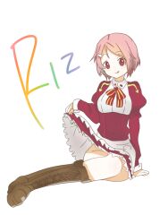  :p apron arm_support boots bow bowtie character_name commentary_request dress english_text engrish_text female hair_ornament hairclip lisbeth_(sao) milk0421kori pink_hair puffy_sleeves ranguage red_eyes short_hair simple_background sitting solo sword_art_online tongue tongue_out white_background 