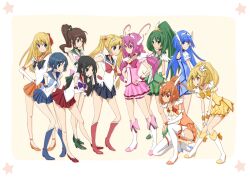  6+girls ahoge aino_minako antenna_hair aoki_reika bare_legs bike_shorts bishoujo_senshi_sailor_moon black_eyes black_hair blonde_hair blue_choker blue_eyes blue_footwear blue_hair blue_sailor_collar blue_skirt boots bow brooch brown_eyes brown_hair choker commentary_request company_connection crossed_arms crossover cure_beauty cure_happy cure_march cure_peace cure_sunny double_bun elbow_gloves gloves green_choker green_eyes green_footwear green_hair green_sailor_collar green_skirt hair_bobbles hair_bun hair_flaps hair_ornament hair_tubes head_wings high_heels highres hino_akane_(smile_precure!) hino_rei hoshizora_miyuki inner_senshi jewelry kate_higgins kino_makoto knee_boots kneeling long_hair magical_girl midorikawa_nao mizuno_ami multiple_girls nijidoro open_mouth orange_choker orange_eyes orange_hair orange_sailor_collar orange_skirt pink_bow pink_eyes pink_hair pink_skirt ponytail power_connection precure red_bow red_choker red_sailor_collar red_skirt ribbon sailor_collar sailor_jupiter sailor_mars sailor_mercury sailor_moon sailor_senshi_uniform sailor_venus shoes short_hair shorts shorts_under_skirt single_hair_bun skirt smile smile_precure strappy_heels thighhighs tiara toei_animation tsukino_usagi twintails voice_actor_connection white_background white_gloves white_legwear wings wrist_cuffs yayoi_kise yellow_bow yellow_eyes yellow_skirt 