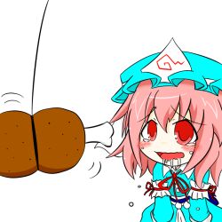  boned_meat commentary_request drooling female food hat koryuusan long_sleeves meat open_mouth pink_hair red_eyes saigyouji_yuyuko solo tears touhou triangular_headpiece white_background 