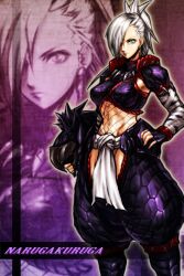  armor blue_eyes capcom earring earrings female fishnets hair_over_one_eye highres jewelry midriff monster_hunter nargacuga_(armor) naruga_(armor) navel silver_hair 