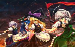  4girls apron black_gloves blonde_hair blue_hair bow braid commentary_request fingerless_gloves food fruit gloves green_eyes grey_hair grin hair_ribbon hat hat_ribbon highres hinanawi_tenshi izayoi_sakuya katana kirisame_marisa knife konpaku_youmu long_hair maid maid_headdress multiple_girls nekominase peach puffy_sleeves red_eyes red_sky ribbon shirt short_hair short_sleeves skirt skirt_set sky smile sword touhou vest waist_apron weapon wind witch_hat 