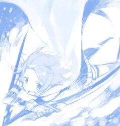  action attack bad_drawr_id bad_id bad_link blue_theme cape female hanokage magical_girl mahou_shoujo_madoka_magica mahou_shoujo_madoka_magica_(anime) miki_sayaka miki_sayaka_(magical_girl) monochrome oekaki short_hair solo sword weapon 