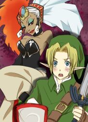  1boy blonde_hair blue_eyes breasts dark-skinned_female dark_skin female fire gerudo hair_pulled_back ice link long_hair medium_breasts mirror_shield pointy_ears red_hair shield sword the_legend_of_zelda the_legend_of_zelda:_ocarina_of_time twinrova twintails weapon white_hair 