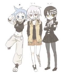  black_star blue_hair death_the_kid pants red_eyes ribbon rule_63 soul_eater soul_eater_(character) 