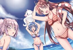  3girls :3 :d :o armpits arms_up bad_id bad_pixiv_id ball beachball bikini blue_eyes blue_hair blush breasts commentary_request groin hair_ribbon holding innertube kaname_madoka kyuubee long_hair mahou_shoujo_madoka_magica mahou_shoujo_madoka_magica_(anime) medium_breasts miki_sayaka multiple_girls navel oerba_yun_fang open_mouth photoshop_(medium) pink_eyes pink_hair polka_dot polka_dot_bikini polka_dot_swimsuit ponytail red_eyes red_hair ribbon sakura_kyoko shinohara_shinome short_hair side-tie_bikini_bottom smile striped_bikini striped_clothes swim_ring swimsuit twintails 