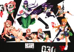  3girls absurdres arm_support bare_legs bare_shoulders battle_rifle bikini black_legwear blood blue_eyes bra breasts brown_eyes brown_hair busujima_saeko cleavage crossed_arms fingerless_gloves fingerprint garter_straps glasses gloves gun hand_on_own_chest handgun highres highschool_of_the_dead holding holding_weapon katana knee_pads large_breasts lingerie long_hair long_sleeves m14 medium_breasts miyamoto_rei multiple_girls off_shoulder open_mouth panties pink_hair purple_hair red_eyes rifle satou_shouji scan shoes skirt sneakers socks swimsuit sword takagi_saya torn_clothes twintails underwear weapon white_socks 