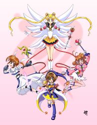  4girls absurdres ahoge bishoujo_senshi_sailor_moon bishoujo_senshi_sailor_moon_stars black_gloves blonde_hair blue_eyes blue_footwear blue_gloves blue_hat blue_sailor_collar blue_skirt boots brooch brown_eyes brown_hair card cardcaptor_sakura choker commentary_request corrector_yui crescent crescent_facial_mark crossover curly_hair double_bun dress elbow_gloves eternal_sailor_moon eternal_tiare facial_mark gloves green_eyes hair_bun hair_ornament hair_ribbon hairpin hat heart heart_brooch highres holding holding_wand jewelry kamuspiral kasuga_yui kinomoto_sakura kinomoto_sakura_(blue_star_costume) knee_boots layered_skirt long_hair lyrical_nanoha magical_girl mahou_shoujo_lyrical_nanoha multiple_crossover multiple_girls open_mouth pink_background pink_shirt raising_heart raising_heart_(device_mode)_(1st) red_choker ribbon sailor_collar sailor_moon sailor_senshi_uniform shirt short_twintails skirt smile staff star_(symbol) star_brooch takamachi_nanoha takamachi_nanoha_(movie_1st_mode) thighhighs tsukino_usagi twintails wand white_footwear white_gloves wing_brooch wings zettai_ryouiki 