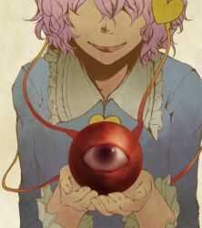  commentary_request eyeball facing_viewer female fingernails hands head_out_of_frame heart holding komeiji_satori pink_hair short_hair smile solo string third_eye touhou uruo 