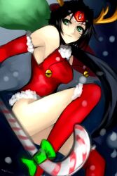  akali akali_(legacy) antlers bad_id bad_pixiv_id bell black_hair candy candy_cane chinese_commentary christmas commentary_request elbow_gloves female food forehead_protector gloves green_eyes highres horns kneehighs kumiko_shiba league_of_legends leotard long_hair red_gloves red_leotard red_socks reindeer_antlers sack santa_costume socks solo very_long_hair 