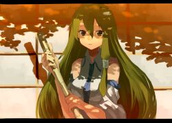  bad_id bad_pixiv_id bamboo_broom broom dappled_sunlight detached_sleeves female frog_hair_ornament green_eyes green_hair hair_ornament hair_tubes hajime_kaname kochiya_sanae letterboxed long_hair open_mouth shade snake solo sunlight touhou tree_shade 