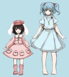  2girls alternate_color animal_ears bad_id bad_pixiv_id barefoot black_hair blue_eyes blue_hair blush boots carrot cosplay costume_switch hair_ornament hat inaba_tewi kawashiro_nitori key multiple_girls open_mouth pink_footwear pocket puffy_sleeves rabbit_ears red_eyes rubber_boots short_hair smile touhou tsukiori two_side_up 