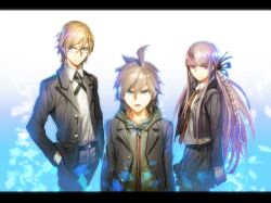  2boys ahoge black_hair blue_eyes braid brown_hair commentary_request cross_tie danganronpa:_trigger_happy_havoc danganronpa_(series) female glasses green_eyes jacket kirigiri_kyoko kokutan_kitsunen letterboxed long_hair multiple_boys naegi_makoto necktie photoshop_(medium) purple_eyes purple_hair school_uniform short_hair skirt togami_byakuya 