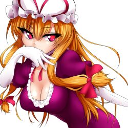  bad_id bad_pixiv_id blonde_hair breasts cleavage covering_own_mouth dress female hair_ribbon hat large_breasts long_hair mattari_yufi purple_dress purple_eyes ribbon solo touhou yakumo_yukari 