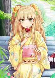  bad_id bad_pixiv_id basket bench blonde_hair blush candy_apple female flower food green_eyes hair_flower hair_ornament holding idolmaster idolmaster_cinderella_girls japanese_clothes jougasaki_rika kimono kiriyama long_hair looking_at_viewer sitting solo tongue two_side_up yellow_kimono 