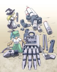  2girls bolt_(hardware) cable commentary_request futatsuki_hisame gloves hair_over_eyes hands kawashiro_nitori kirisame_marisa mecha multiple_girls repairing robot screw touhou two_side_up wrench 