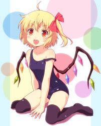  ahoge black_thighhighs blonde_hair blush commentary_request female flandre_scarlet hair_ribbon highres oerba_yun_fang one-piece_swimsuit red_eyes ribbon school_swimsuit short_hair side_ponytail sitting solo strap_slip swimsuit thighhighs touhou wariza wings yamasan 