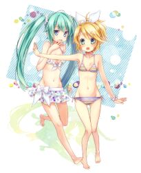  2girls bad_id bad_pixiv_id bikini bikini_skirt blonde_hair blue_eyes blush flat_chest front-tie_top green_eyes green_hair groin hair_ribbon hatsune_miku kagamine_rin long_hair mikipa multicolored_polka_dots multicolored_stripes multiple_girls nail_polish navel open_mouth polka_dot polka_dot_bikini polka_dot_scrunchie polka_dot_swimsuit project_diva_(series) project_diva_f ribbon scrunchie shiny_skin short_hair side-tie_bikini_bottom striped_bikini striped_clothes summer_idol_(vocaloid) swimsuit swimsuit_skirt swimwear_(module) thigh_gap toenail_polish toenails twintails vocaloid wrist_scrunchie 