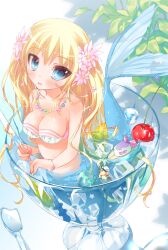  :d bad_id bad_pixiv_id bandeau blonde_hair blue_eyes blush breasts cherry cleavage female fingernails flower food fruit glass hair_flower hair_ornament holding ice ice_cube long_hair looking_at_viewer medium_breasts mermaid monster_girl open_mouth original rubber_duck shiny_skin smile sodapop_(iemaki) solo spoon 