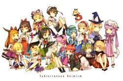  6+girls alice_margatroid animal_ears apron ascot bad_id bad_pixiv_id black_hair blonde_hair blue_eyes blue_hair bow braid brown_eyes brown_hair bucket capelet cat_ears clea_(geee13) closed_eyes crescent crossed_arms cup detached_sleeves everyone flying frills green_bow green_eyes green_hair green_skirt grey_hair hair_bobbles hair_ornament hairband hairbow hakurei_reimu hat hat_bow heart horns hoshiguma_yuugi ibuki_suika in_bucket in_container kaenbyou_rin kawashiro_nitori kirisame_marisa kisume komeiji_koishi komeiji_satori kurodani_yamame leaning long_hair mizuhashi_parsee multiple_girls open_mouth orange_hair patchouli_knowledge pink_eyes pink_hair ponytail purple_hair red_eyes red_hair reiuji_utsuho sakazuki seiza shameimaru_aya shanghai_doll shirt short_hair simple_background single_horn sitting skirt sleeveless smile subterranean_animism third_eye tokin_hat touhou twin_braids two_side_up vest white_background wide_sleeves wings yakumo_yukari yellow_eyes 