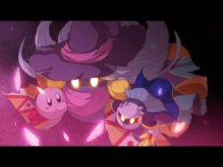  blush_stickers cape cloak commentary_request dew-spiegel drawcia galaxia_(sword) gloves hat kirby kirby_(series) letterboxed mask meta_knight no_humans sword torn_clothes torn_hat weapon white_hair witch witch_hat yellow_eyes 