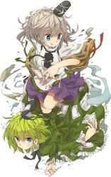  2girls bad_id bad_pixiv_id blue_eyes dress ghost_tail green_dress green_hair grey_hair hat hat_ribbon henki_(orange) highres japanese_clothes kariginu licking_lips long_sleeves looking_at_viewer mononobe_no_futo multiple_girls ribbon shirt short_hair skirt smile soga_no_tojiko spell_card tongue tongue_out touhou wide_sleeves 