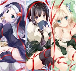  3girls aqua_eyes bare_shoulders black_hair black_thighhighs blazer blue_eyes blue_hair blush boku_wa_tomodachi_ga_sukunai book boots breasts butterfly_hair_ornament cleavage column_lineup commentary_request covering_own_mouth eating food hair_ornament jacket kashiwazaki_sena large_breasts long_hair mikazuki_yozora multiple_girls necktie nisson nun open_clothes purple_eyes ribbon school_uniform short_hair st._chronica_academy_school_uniform takayama_maria thighhighs 