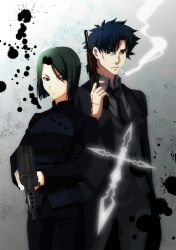  1boy black_eyes black_hair bob_cut cheekbones cigarette command_spell commentary_request emiya_kiritsugu fate/zero fate_(series) female green_hair gun handgun hisau_maiya hogehoge0710 holding holding_gun holding_weapon photoshop_(medium) short_hair smoke smoking splatter thompson/center_contender weapon 