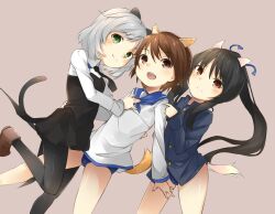  3girls animal_ears bad_id bad_pixiv_id black_hair brown_eyes cat_ears cat_girl cat_tail dog_ears dog_girl dress green_eyes grey_hair hattori_shizuka long_hair looking_at_viewer miyafuji_yoshika multiple_girls muttan_(ashiru-f) open_mouth ponytail sanya_v._litvyak school_uniform serafuku short_hair simple_background skirt smile strike_witches tail world_witches_series 