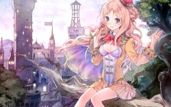  atelier_(series) atelier_meruru blue_eyes breasts cleavage crown female flower highres holding kishida_mel long_hair looking_at_viewer merurulince_rede_arls mini_crown orange_hair orange_skirt outdoors pleated_skirt sitting skirt small_breasts solo tree 