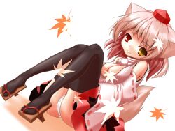  animal_ears bicolored_eyes cleavage gray_hair hat inubashiri_momiji japanese_clothes leaves panties red_eyes short_hair tail thighhighs touhou underwear wolfgirl yellow_eyes zettai_ryouiki 