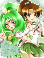  2girls back_bow bishoujo_senshi_sailor_moon bow brown_hair choker color_connection commentary_request cure_march ecrown flower green_background green_choker green_eyes green_flower green_hair green_rose green_sailor_collar green_skirt green_theme high_ponytail kino_makoto long_hair lowres magical_girl midorikawa_nao multiple_girls pink_bow ponytail precure ribbon rose sailor_collar sailor_jupiter sailor_senshi_uniform skirt smile smile_precure tiara tri_tails 