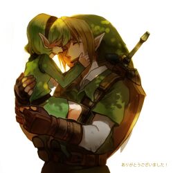  1boy bad_id bad_pixiv_id blonde_hair carrying female gloves green_hair hairband hat link pointy_ears saria_(zelda) shield shield_on_back size_difference smile sword takagi_(0takagi0) the_legend_of_zelda the_legend_of_zelda:_ocarina_of_time weapon 