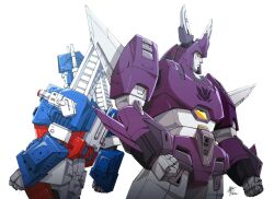  1980s_(style) autobot back-to-back bad_id bad_pixiv_id commentary_request cyclonus decepticon mecha no_humans retro_artstyle robot ryuuichirou_(haineken) science_fiction simple_background the_transformers_(idw) transformers ultra_magnus 