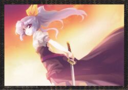  absurdres bow female hairbow high_ponytail highres long_hair open_mouth photoshop_(medium) ponytail puffy_sleeves purple_eyes purple_hair scan short_sleeves solo sword tokiame touhou watatsuki_no_yorihime weapon 