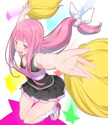  :d ama_mitsuki blush brown_hair cheerleader commentary_request female foreshortening hands long_hair loose_socks low-tied_long_hair open_mouth original outstretched_arms outstretched_hand pink_eyes pink_hair pleated_skirt pom_pom_(cheerleading) skirt smile socks solo star_(symbol) 