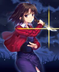  bad_id bad_pixiv_id brown_eyes brown_hair female highres holding jacket japanese_clothes kara_no_kyoukai kimono knife looking_at_viewer momoko_(momopoco) purple_kimono red_jacket reverse_grip ryougi_shiki short_hair solo weapon zipper 