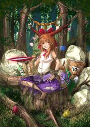  bad_id bad_pixiv_id barefoot blush bottle brown_eyes brown_hair chains cibo_(killy) cuffs cup female grass grin horns ibuki_suika long_hair looking_at_viewer rock rope sakazuki shackles shimenawa sitting smile solo touhou tree tree_stump 