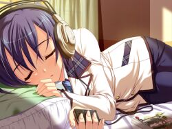  aiba_tomono archived_source blazer digital_media_player female game_cg headphones jacket kanna_(plum) manga_(object) necktie pantyhose pillow plaid purple_hair sakura_tale school_uniform short_hair sleeping solo 