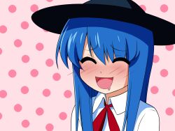  ^_^ absurdres blue_hair blush closed_eyes commentary_request contemporary dress_shirt drooling female hat highres hinanawi_tenshi long_hair mattari_yufi mouth_drool open_mouth polka_dot polka_dot_background shirt smile solo touhou 