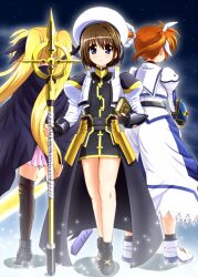  3girls armor bardiche_(nanoha) bardiche_(zanber_form)_(nanoha) blonde_hair blue_eyes brown_hair cape commentary_request diesel-turbo fate_testarossa fate_testarossa_(lightning_form)_(2nd) fingerless_gloves full_body gloves hair_ribbon hat lyrical_nanoha mahou_shoujo_lyrical_nanoha mahou_shoujo_lyrical_nanoha_a&#039;s mahou_shoujo_lyrical_nanoha_the_movie_2nd_a&#039;s multiple_girls puffy_sleeves raising_heart ribbon schwertkreuz short_twintails skirt sky star_(sky) starry_sky takamachi_nanoha takamachi_nanoha_(sacred_mode)_(2nd) thighhighs tome_of_the_night_sky twintails weapon yagami_hayate 