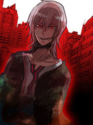  1boy bad_id bad_pixiv_id cloak devil_survivor grey_hair male_focus naoya_(devil_survivor) photoshop_(medium) red_eyes solo sudachips 